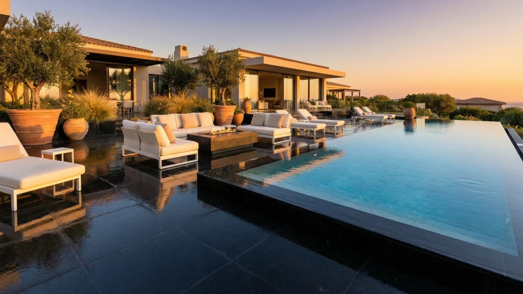 Nero Assoluto Terrassenplatten und Poolumrandung mit waterjet gereinigter Oberfläche