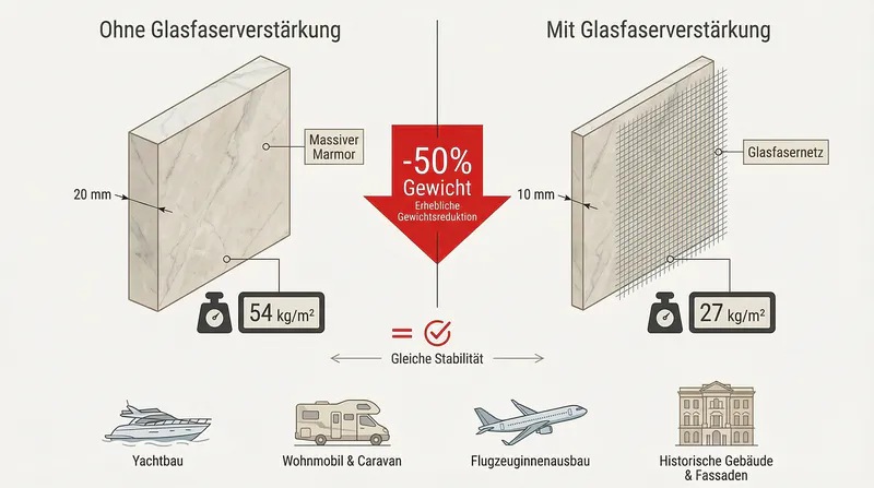 Infografik: Wie durch eine Glasfaserverstärkung das Gewicht bei Naturstein reduziert wird