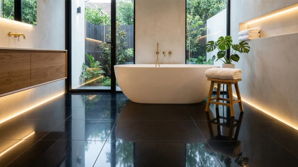 Nero Assoluto Bodenfliesen mit polierter Oberfläche im Bad